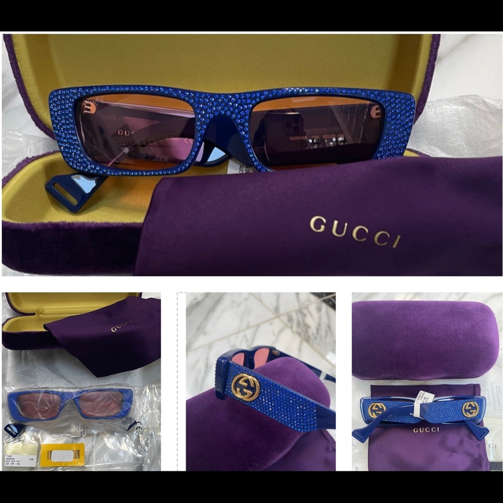 GUCCI RHINESTONE EMBELLISHED RECTANGULAR STUNNING BLUE SUNGLASSES
